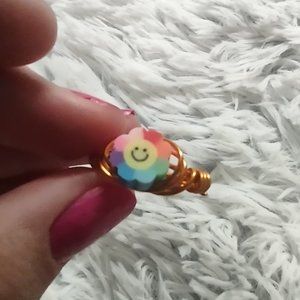 *HANDMADE* Rainbow Flower Clay Slice Wire Wrapped Ring